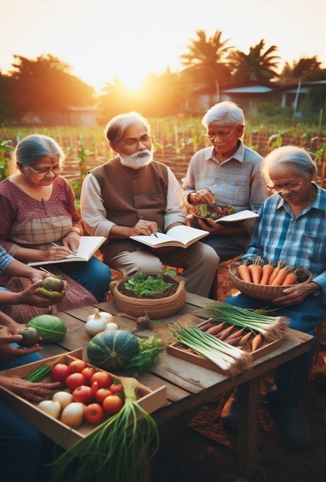 a group of people sitting around a table with vegetables. learning about agricultural practices